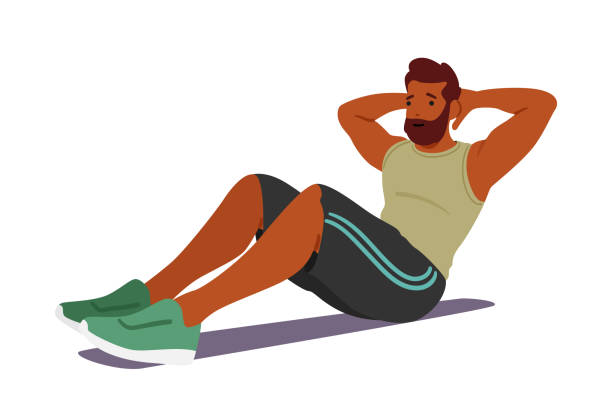 Man Performing Floor Exercises, To Strengthen Muscles And Improve Overall Fitness. Black Mature Male Character Pumping Belly Press with Hands behind the Head. Cartoon People Vector Illustration