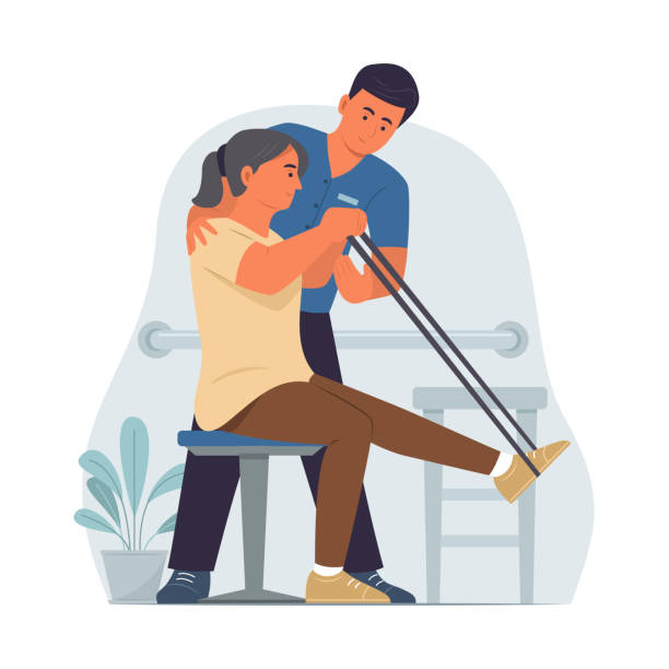 Physiotherapist doctor helping a senoir woman doing exercise for healing body part.
